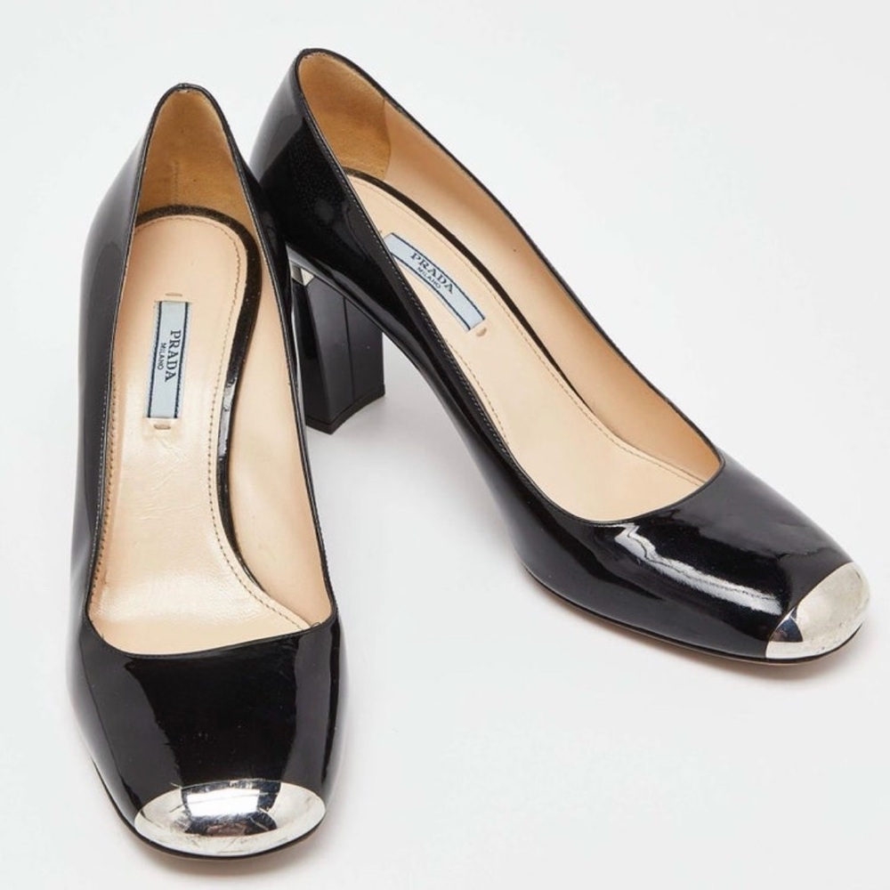 Prada Black Patent Leather Square Toe Block Heel Pumps Size 37
